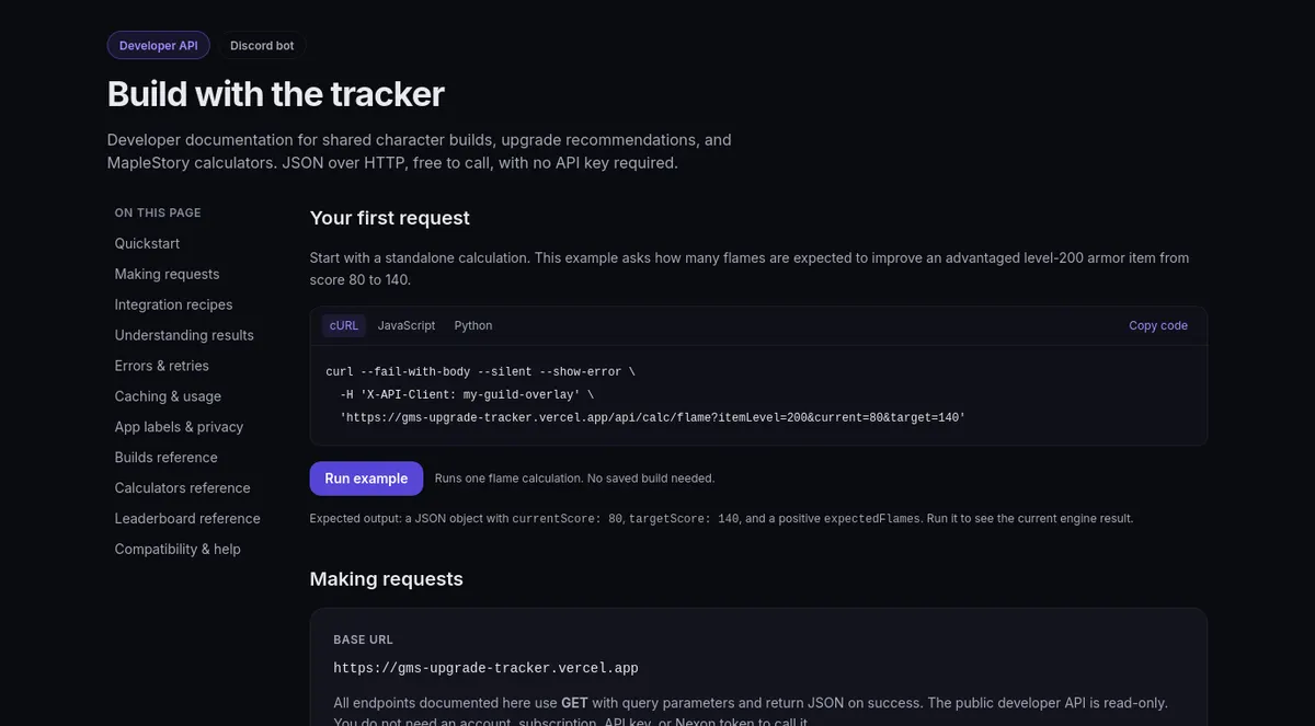The developer API page: your first request, with Run example