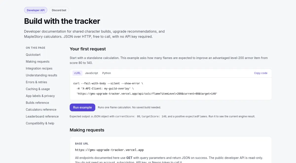 The developer API page: your first request, with Run example