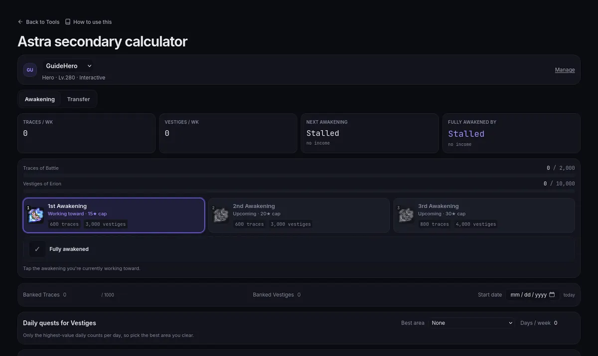 The Astra secondary calculator: the Awakening and Transfer tabs, traces and vestiges, and the three awakenings
