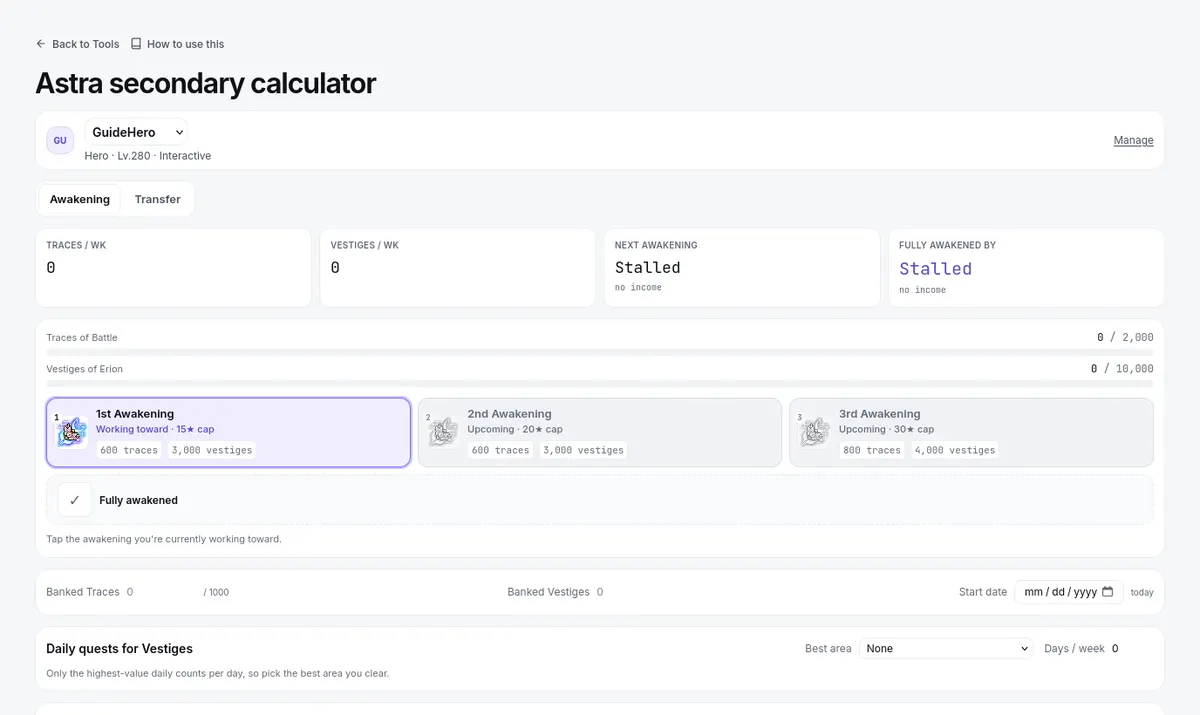 The Astra secondary calculator: the Awakening and Transfer tabs, traces and vestiges, and the three awakenings