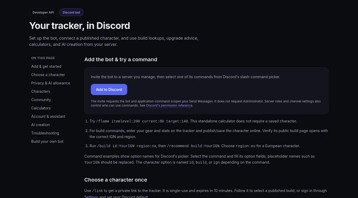 The Discord bot page: Add to Discord and the first commands to try