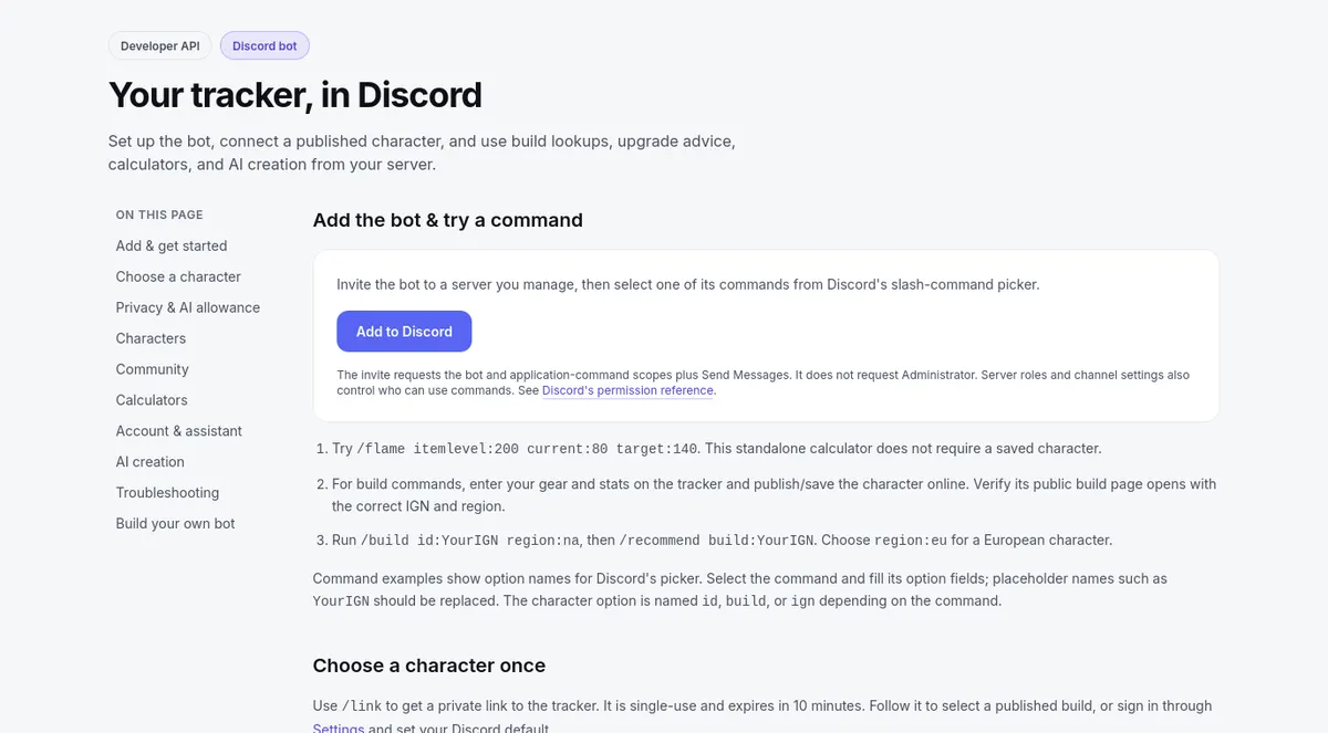 The Discord bot page: Add to Discord and the first commands to try