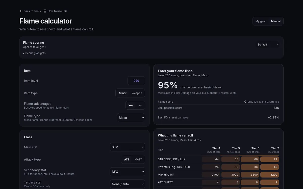 The Flame calculator in Manual mode: the item and class, your flame lines, the chance one reset beats your roll, and what the flame can roll