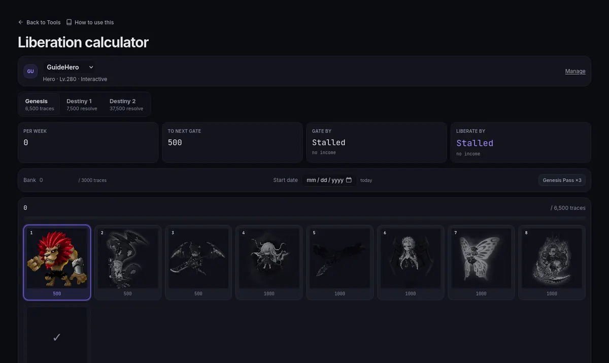 The Liberation calculator: the Genesis and Destiny tabs, traces per week, the next gate, and a tile per boss