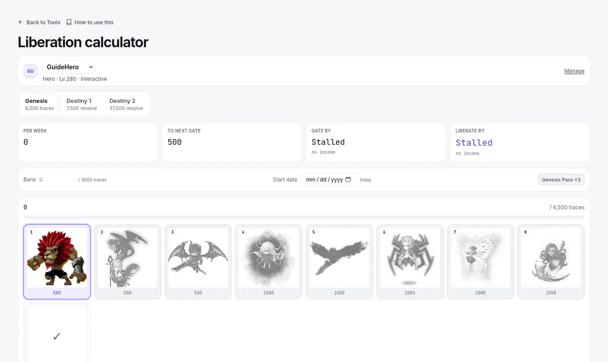 The Liberation calculator: the Genesis and Destiny tabs, traces per week, the next gate, and a tile per boss