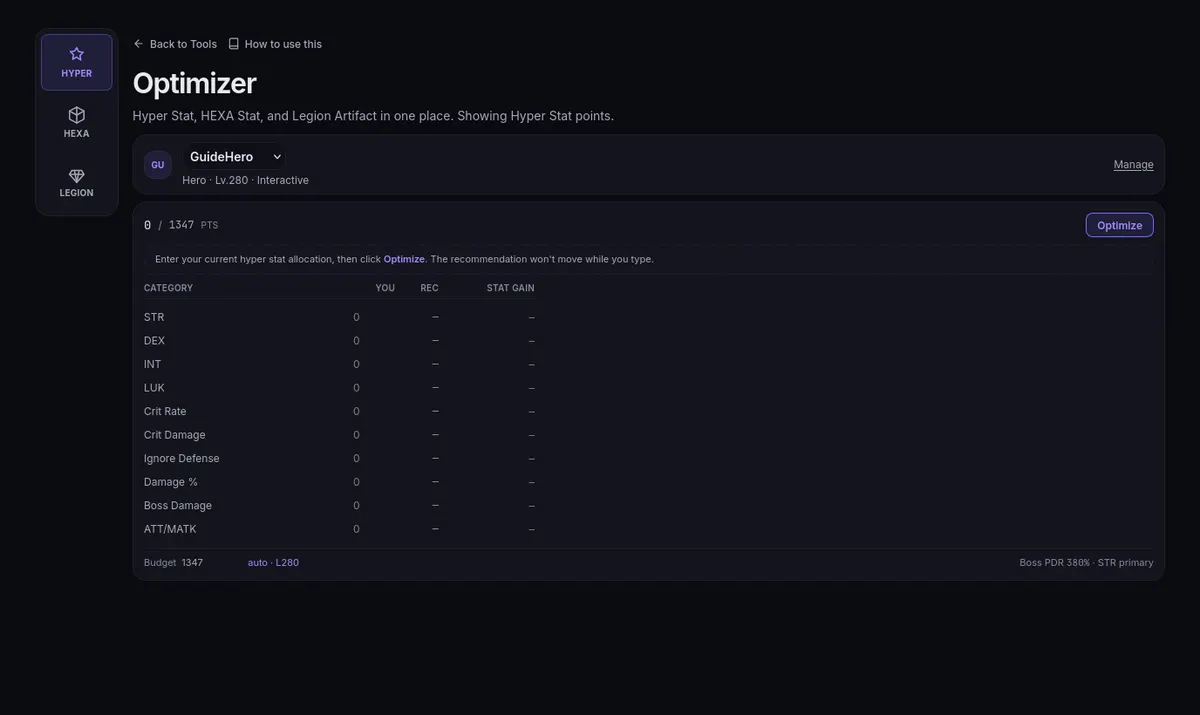 The optimizer on its Hyper Stat tab: your points per stat and the Optimize button, with the HEXA and Legion tabs on the left