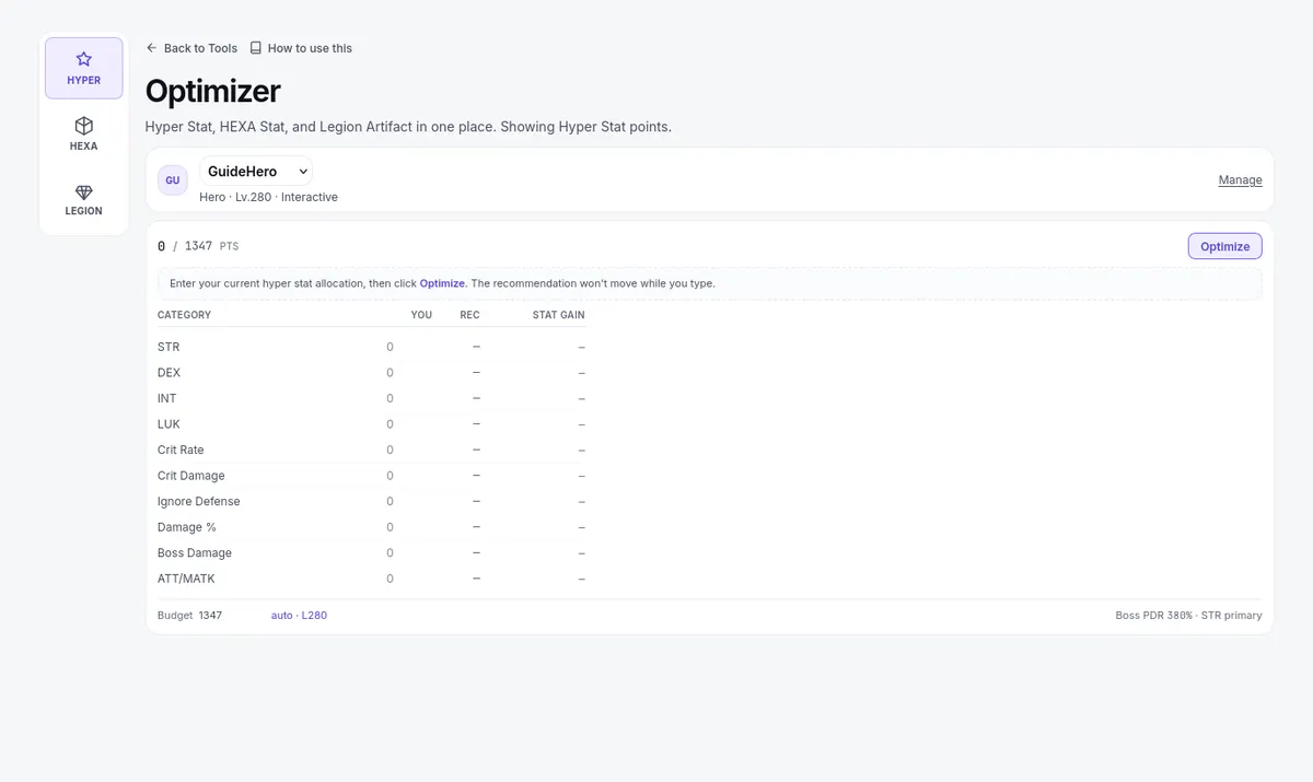 The optimizer on its Hyper Stat tab: your points per stat and the Optimize button, with the HEXA and Legion tabs on the left