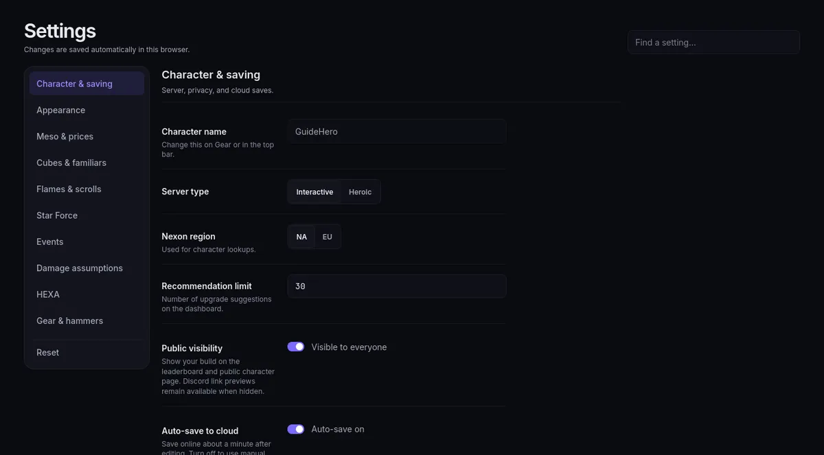 Settings: the sections down the left, the Find a setting box at the top right, and Character & saving open