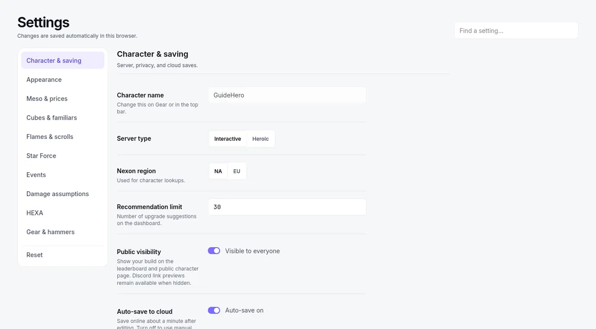 Settings: the sections down the left, the Find a setting box at the top right, and Character & saving open