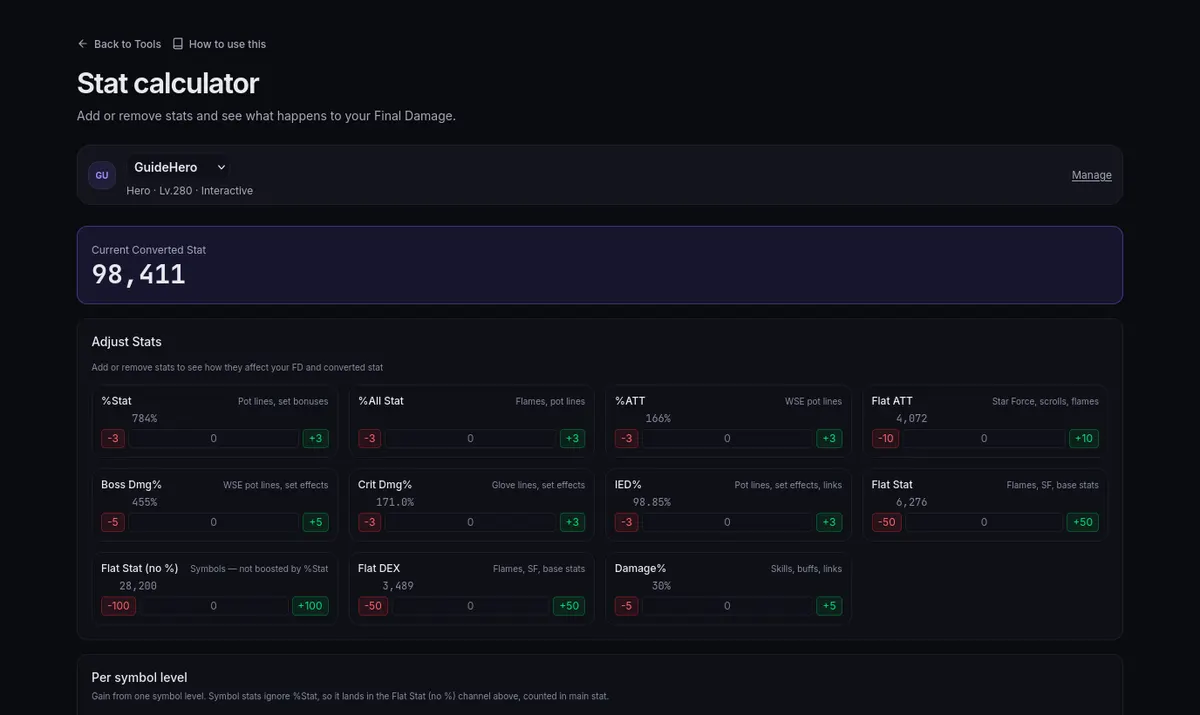 The Stat calculator: your current converted stat, then a card per stat to add or remove