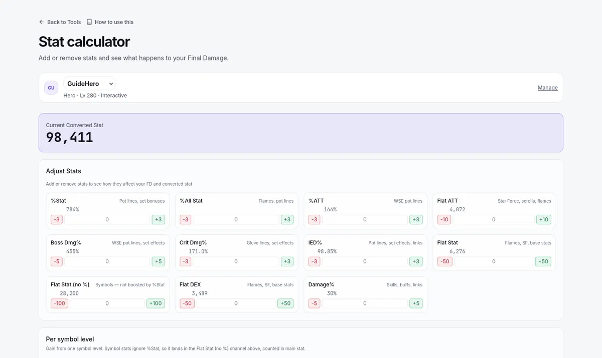 The Stat calculator: your current converted stat, then a card per stat to add or remove
